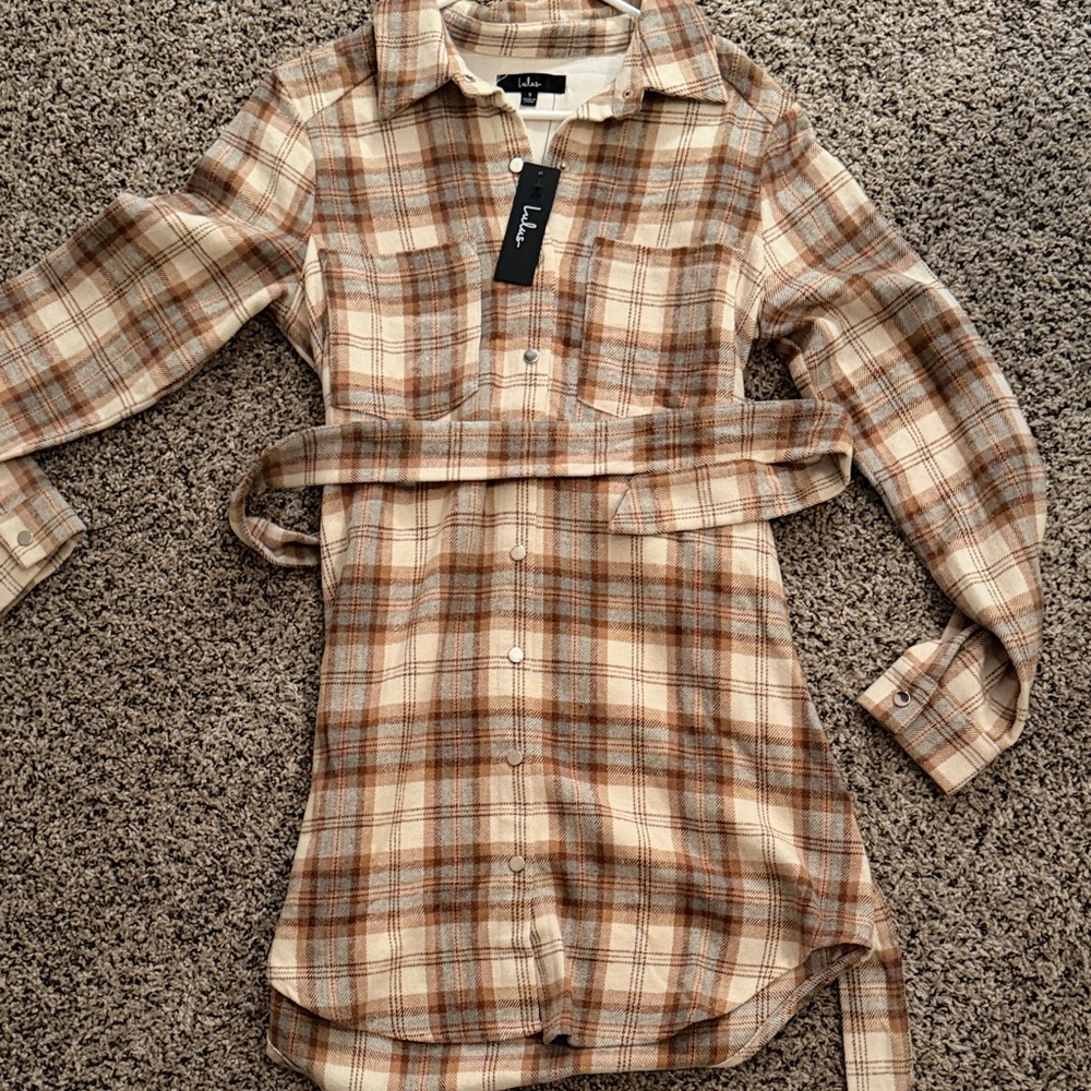 Lulu's Plaid Long Sleeve Dress - Brown and Cream